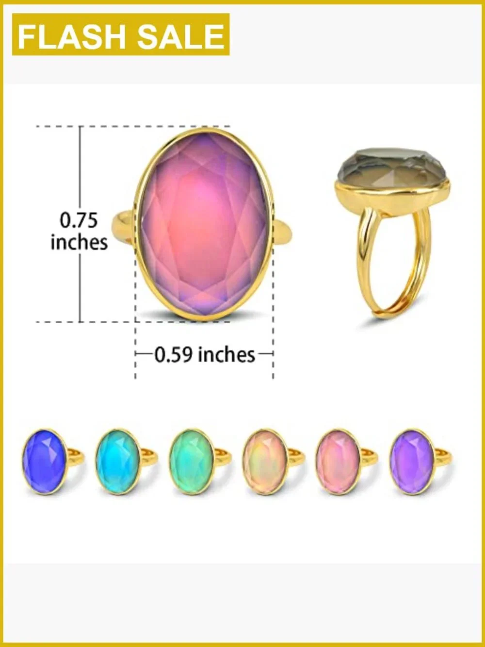 Facet Crystal Oval Mood Ring 18K Gold Plated Adjustable